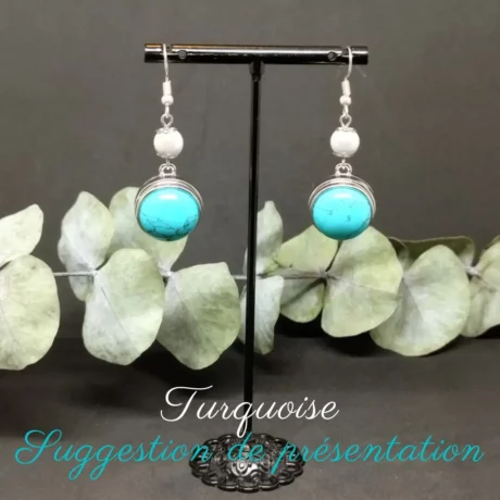 Boucles d'oreilles perle magique blanche et bouton pression turquoise