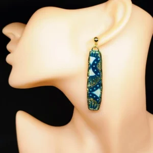 Boucles d'oreilles longues bleu et feuille d'or