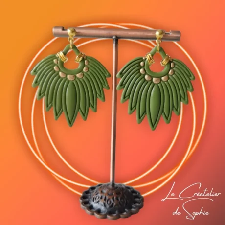 Boucles d'oreilles éventail plumes styles aztèque kaki