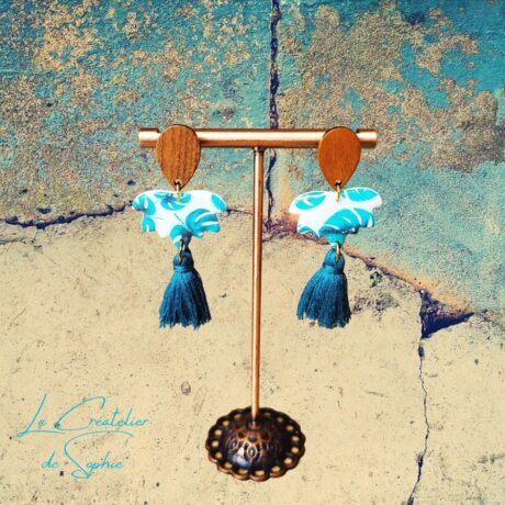 Boucles d'Oreilles ange Ginkgo pompon bleu