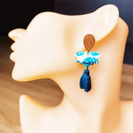 Boucles d'Oreilles ange Ginkgo bleu turquoise pompon bleu canard