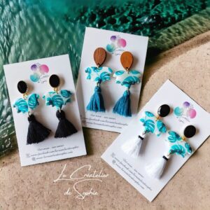 Boucles d'oreilles Ange bleu motif feuilles ginkgo