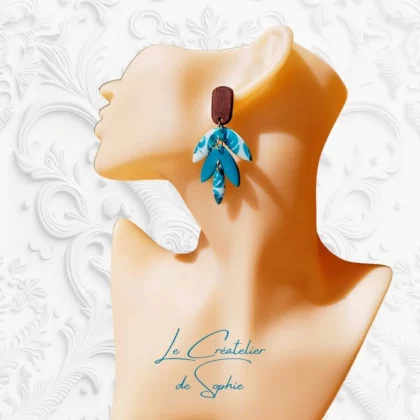 Boucles d'oreilles Trio bleu turquoise motif feuilles de ginkgo pate polymere