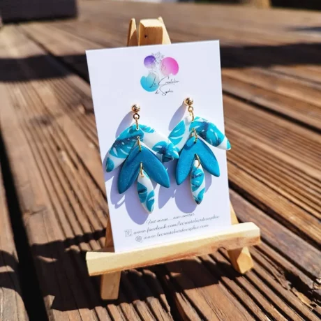 Boucles d'oreilles Trio bleu turquoise motif feuilles de ginkgo pate polymere