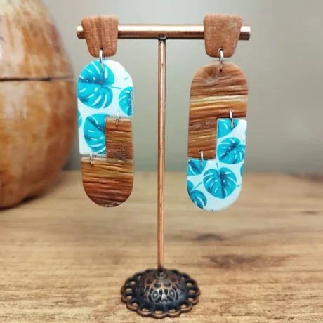 Boucles d'oreilles Vice-versa imitation bois et motif feuilles de ginkgo bleu turquoise